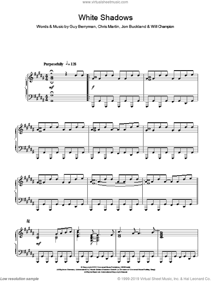 White Shadows, (intermediate) sheet music for piano solo by Coldplay, Chris Martin, Guy Berryman, Jon Buckland and Will Champion, intermediate skill level