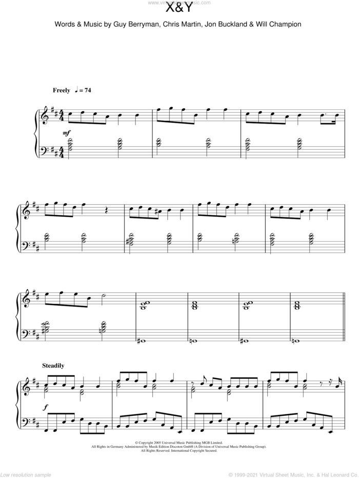 X&Y, (intermediate) sheet music for piano solo by Coldplay, Chris Martin, Guy Berryman, Jon Buckland and Will Champion, intermediate skill level