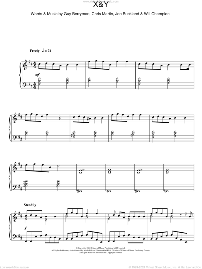 X&Y, (intermediate) sheet music for piano solo by Coldplay, Chris Martin, Guy Berryman, Jon Buckland and Will Champion, intermediate skill level