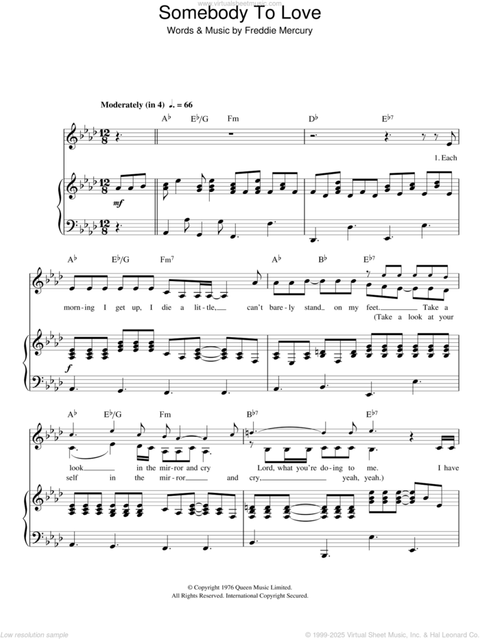 Somebody To Love sheet music for voice, piano or guitar by Queen and Freddie Mercury, intermediate skill level