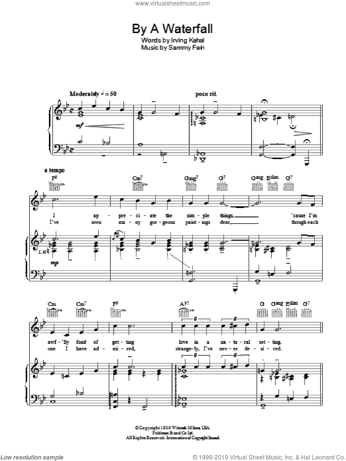 By A Waterfall sheet music for voice, piano or guitar by Sammy Fain and Irving Kahal, intermediate skill level