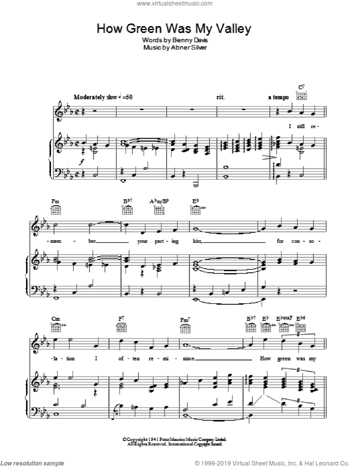 How Green Was My Valley sheet music for voice, piano or guitar by Vera Lynn, Abner Silver and Benny Davis, intermediate skill level