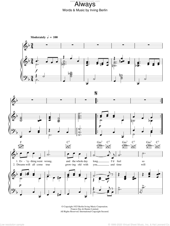 Always sheet music for voice, piano or guitar by Frank Sinatra and Irving Berlin, intermediate skill level