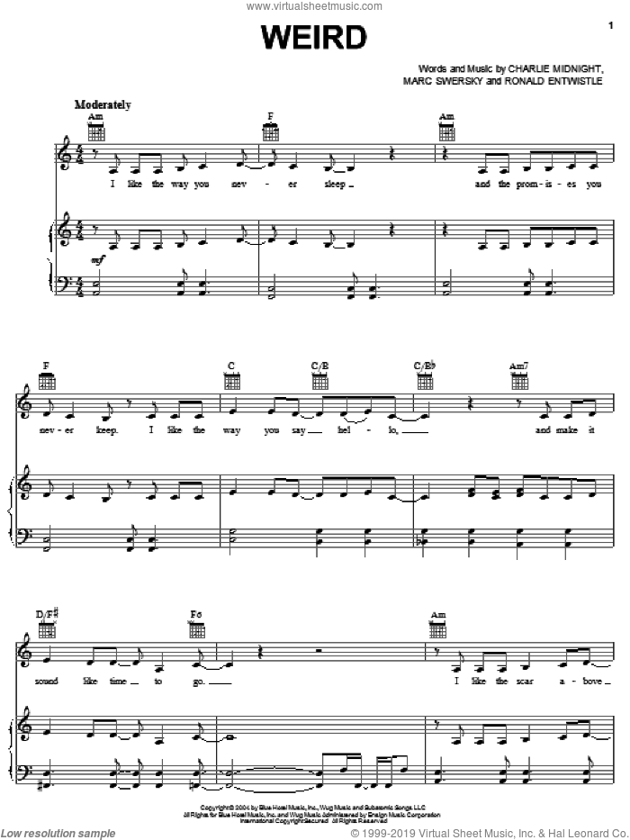 Weird sheet music for voice, piano or guitar by Hilary Duff, Charlie Midnight, Marc Swersky and Ronald Entwistle, intermediate skill level