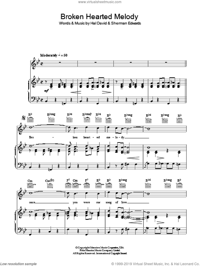 Broken-Hearted Melody sheet music for voice, piano or guitar by Sarah Vaughan, Hal David and Sherman Edwards, intermediate skill level