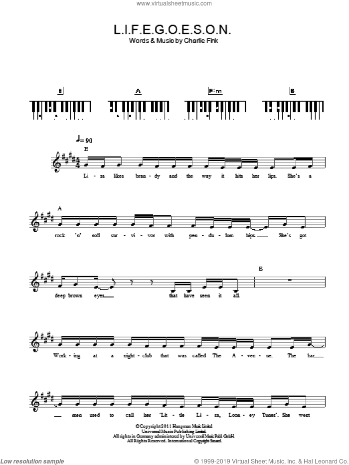 L.I.F.E.G.O.E.S.O.N. sheet music for piano solo (chords, lyrics, melody) by Noah And The Whale and Charlie Fink, intermediate piano (chords, lyrics, melody)