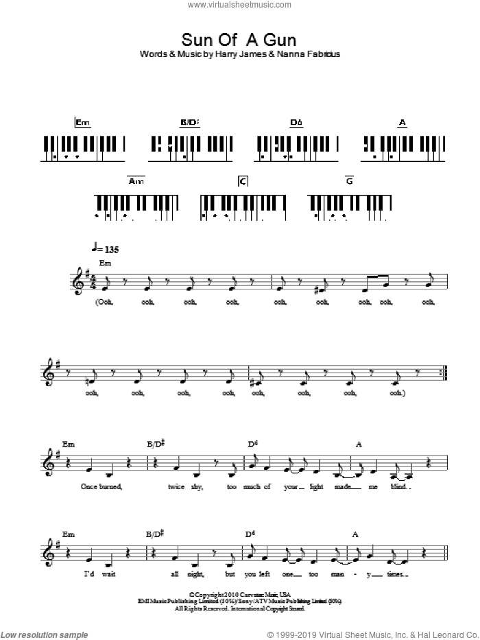 Sun Of A Gun sheet music for piano solo (chords, lyrics, melody) by Oh Land, Harry James and Nanna Fabricius, intermediate piano (chords, lyrics, melody)
