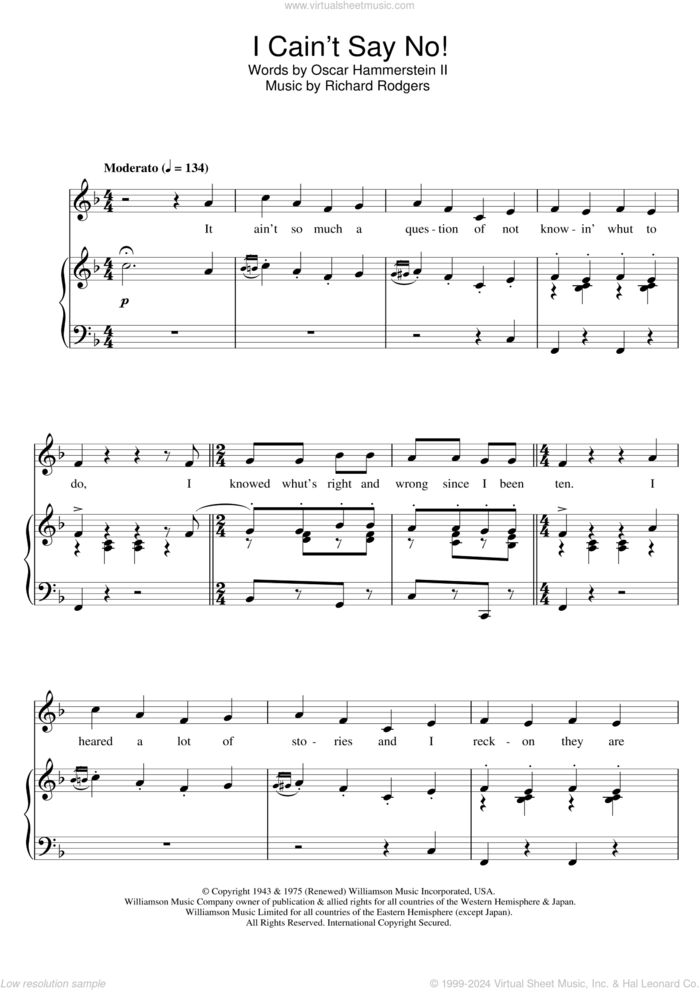 I Cain't Say No (from Oklahoma!) sheet music for voice and piano by Rodgers & Hammerstein, Oklahoma! (Musical), Oscar II Hammerstein and Richard Rodgers, intermediate skill level