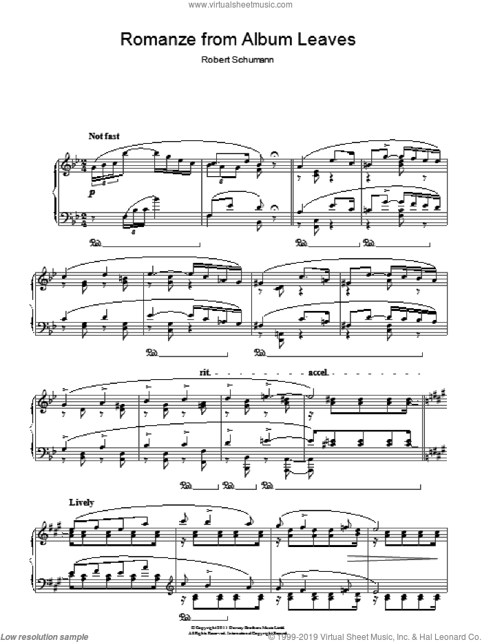 Romanze from Album Leaves sheet music for piano solo by Robert Schumann, classical score, intermediate skill level