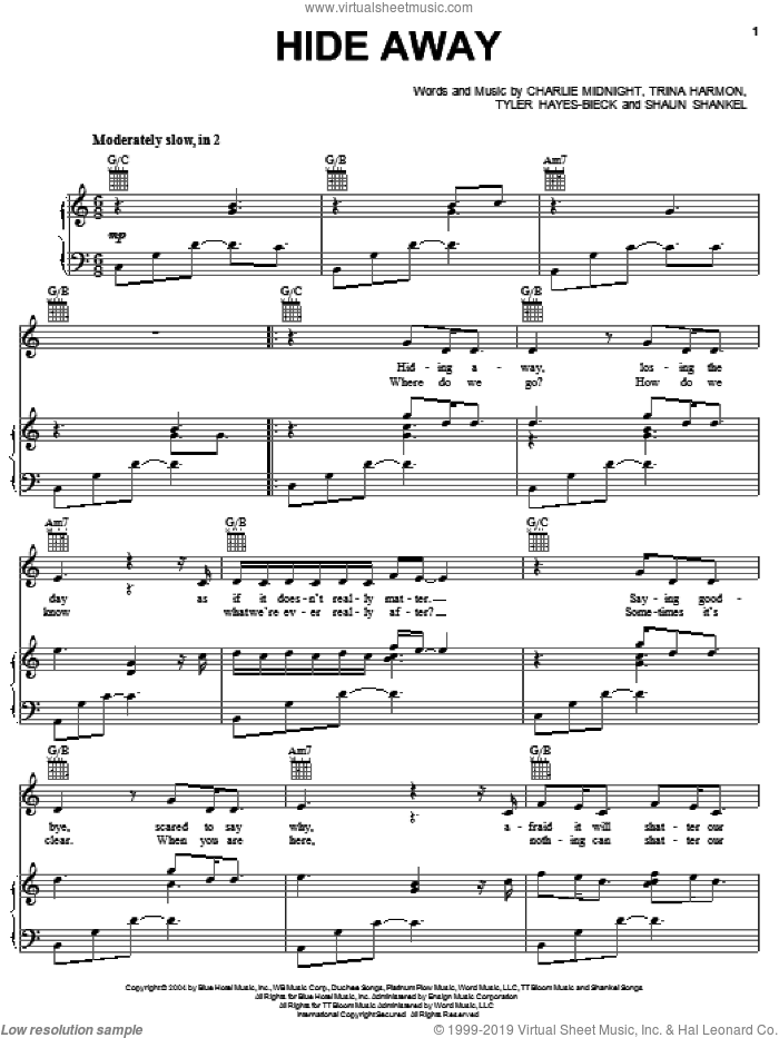 Hide Away sheet music for voice, piano or guitar by Hilary Duff, Charlie Midnight, Shaun Shankel, Trina Harmon and Tyler Hayes-Bieck, intermediate skill level
