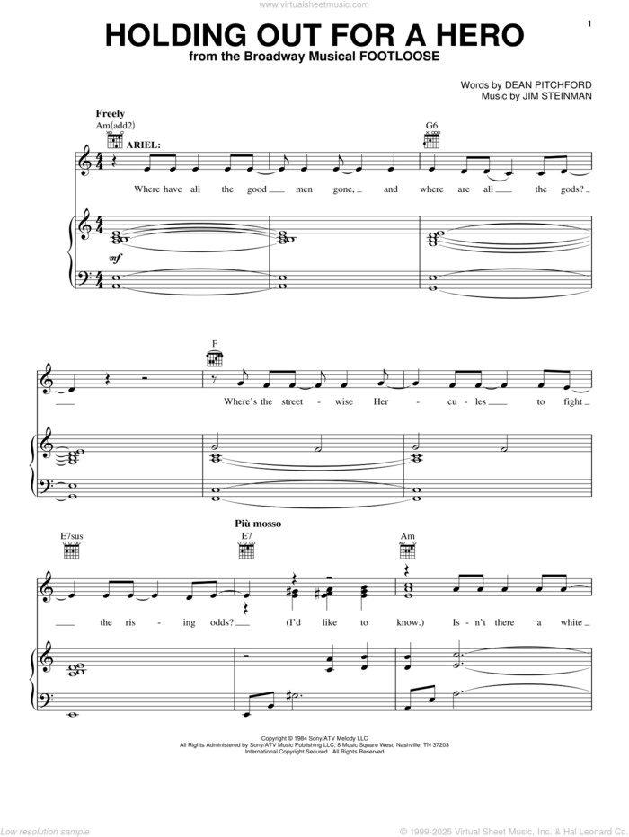 Holding Out For A Hero sheet music for voice, piano or guitar by Bonnie Tyler, Footloose (Musical), Dean Pitchford and Jim Steinman, intermediate skill level