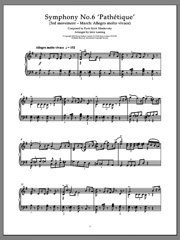 Pathetique (from The 6th Symphony), (intermediate) sheet music for piano solo by Pyotr Ilyich Tchaikovsky, classical score, intermediate skill level