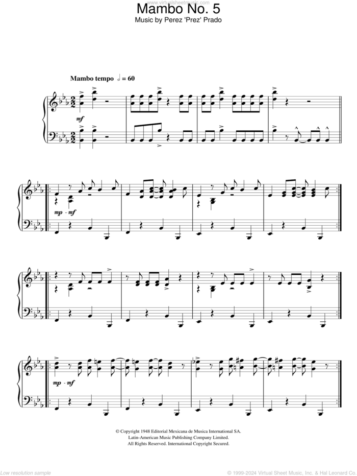 Mambo No. 5 (A Little Bit Of...), (intermediate) sheet music for piano solo by Lou Bega and Perez Prado, intermediate skill level