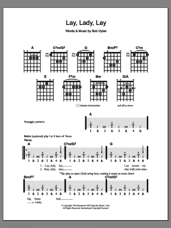 Lay Lady Lay sheet music for guitar solo (chords) by Bob Dylan, easy guitar (chords)