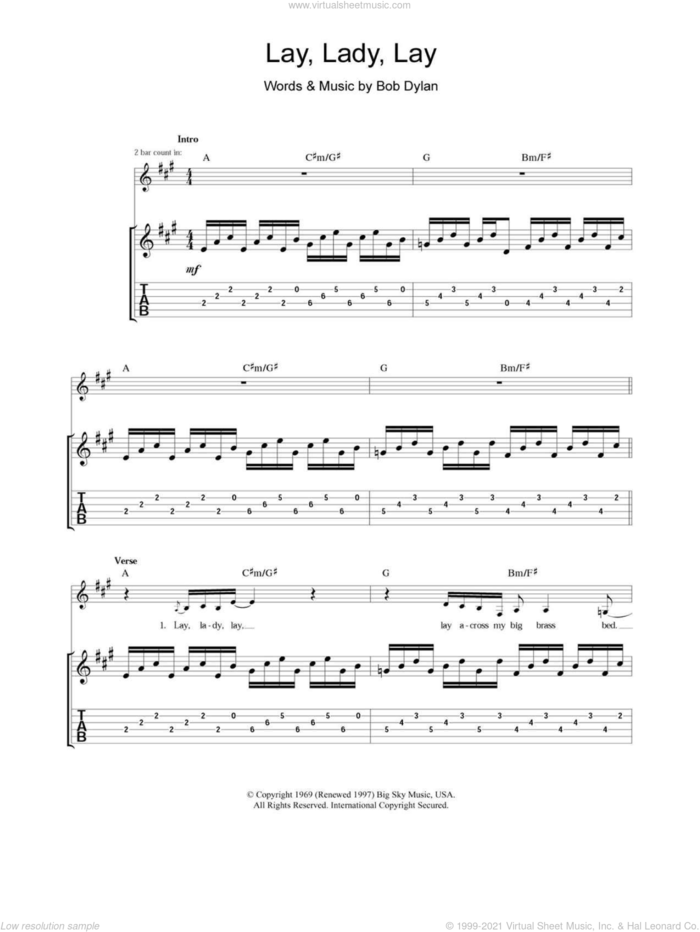 Lay Lady Lay sheet music for guitar (tablature) by Bob Dylan, intermediate skill level