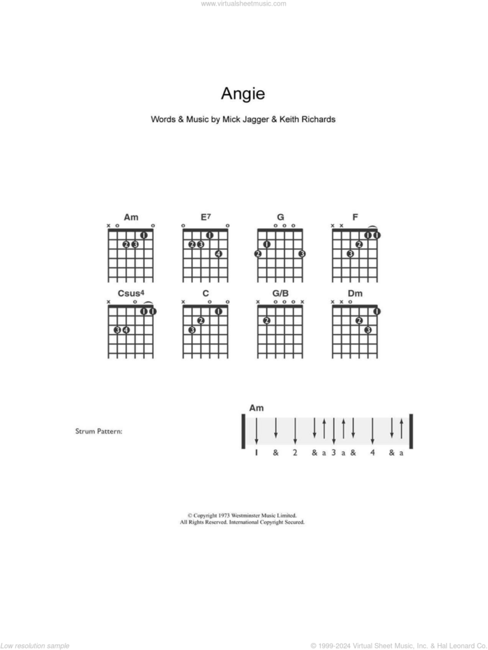 Angie sheet music for guitar solo (chords) by The Rolling Stones, Keith Richards and Mick Jagger, easy guitar (chords)