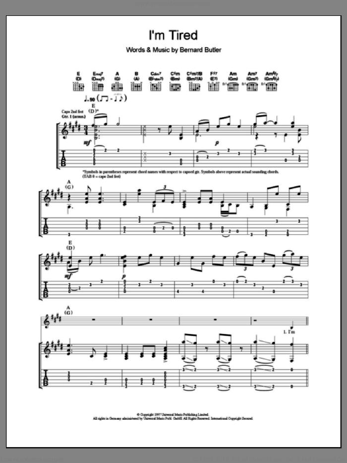 I'm Tired sheet music for guitar (tablature) by Bernard Butler, intermediate skill level