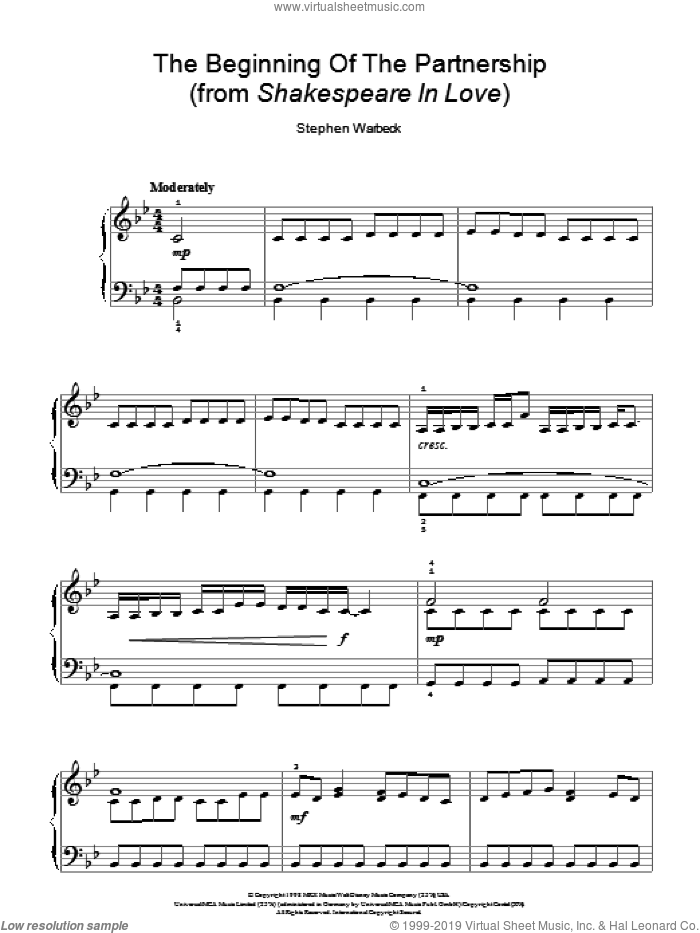 The Beginning Of The Partnership (from Shakespeare In Love) sheet music for piano solo by Stephen Warbeck, easy skill level