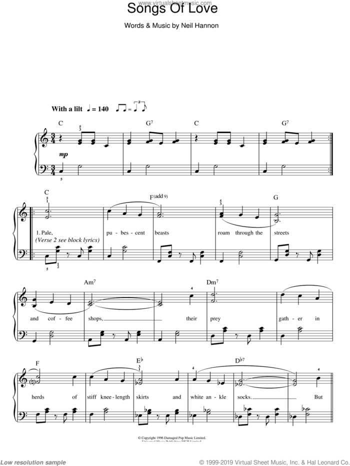 Songs Of Love sheet music for piano solo by The Divine Comedy and Neil Hannon, easy skill level