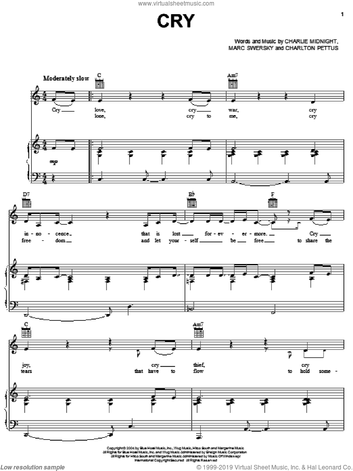 Cry sheet music for voice, piano or guitar by Hilary Duff, Charlie Midnight, Charlton Pettus and Marc Swersky, intermediate skill level