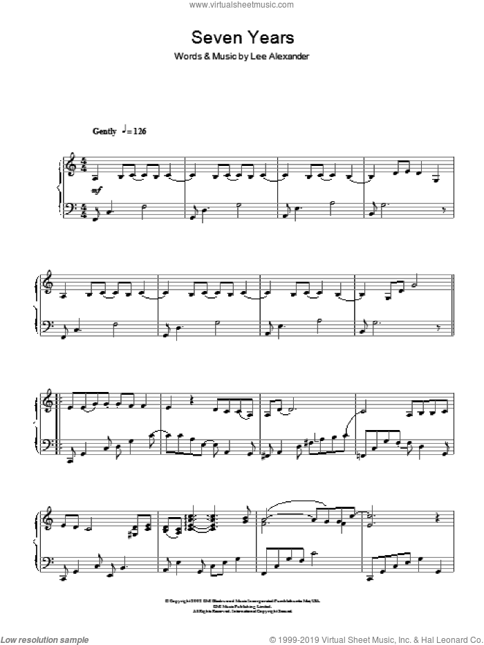 Seven Years, (intermediate) sheet music for piano solo by Norah Jones and Lee Alexander, intermediate skill level
