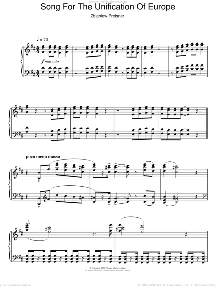 Song For The Unification Of Europe (from Three Colours Blue) sheet music for piano solo by Zbigniew Preisner, intermediate skill level