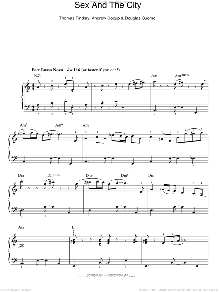 Theme from Sex And The City, (easy) sheet music for piano solo by Thomas Findlay, Andrew Cocup and Douglas Cuomo, easy skill level