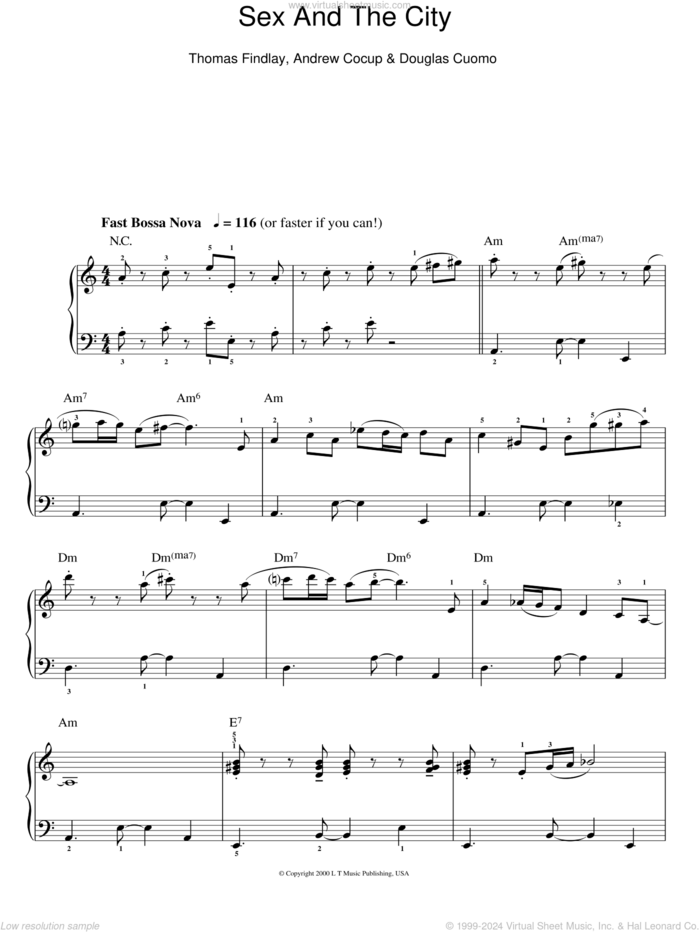 Theme from Sex And The City, (easy) sheet music for piano solo by Thomas Findlay, Andrew Cocup and Douglas Cuomo, easy skill level