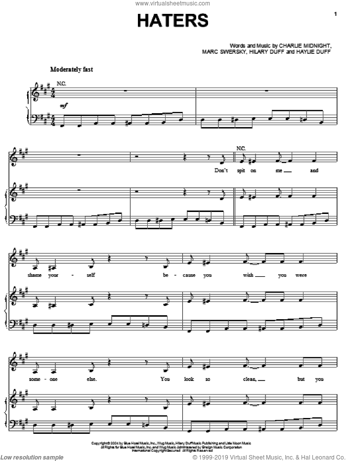 Haters sheet music for voice, piano or guitar by Hilary Duff, Charlie Midnight, Haylie Duff and Marc Swersky, intermediate skill level
