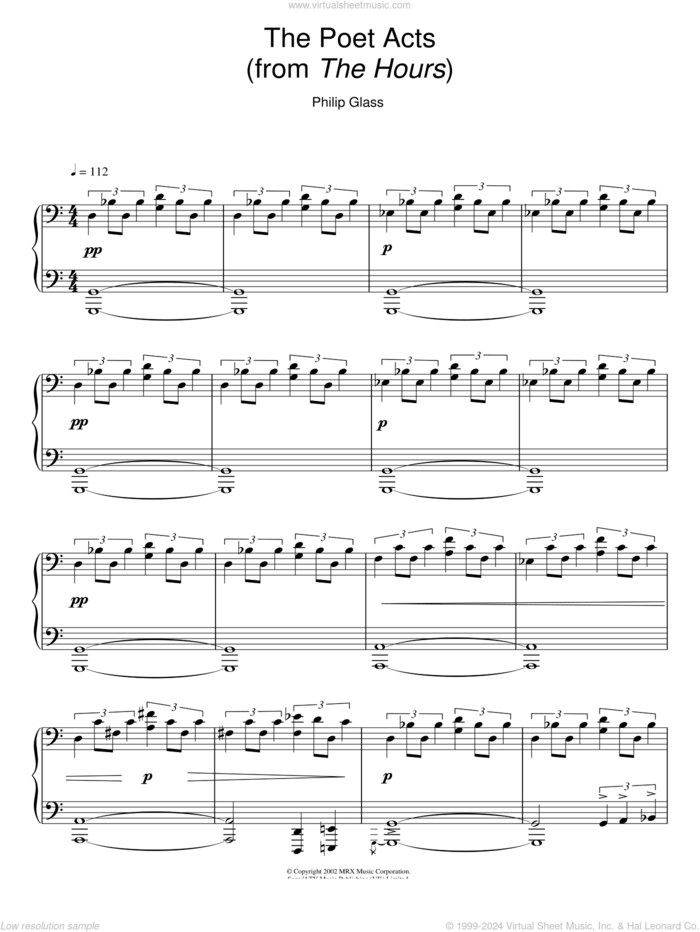 The Poet Acts sheet music for piano solo by Philip Glass, intermediate skill level