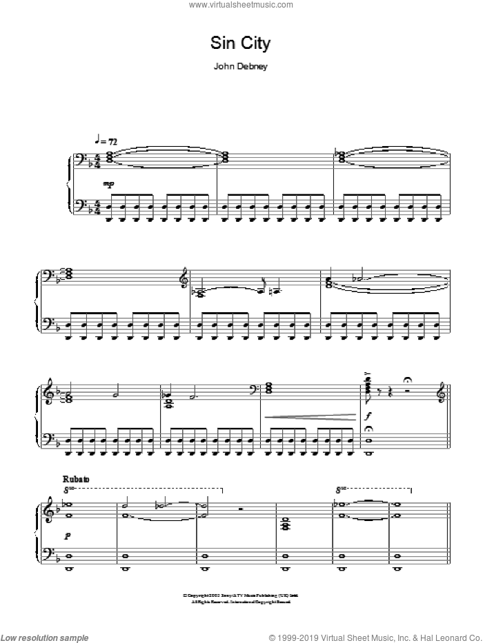 Sin City (The Big Fat Kill) sheet music for piano solo by John Debney, intermediate skill level
