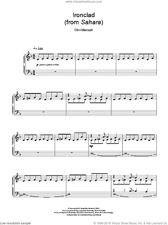 Ironclad (from Sahara) sheet music for piano solo by Clint Mansell, intermediate skill level