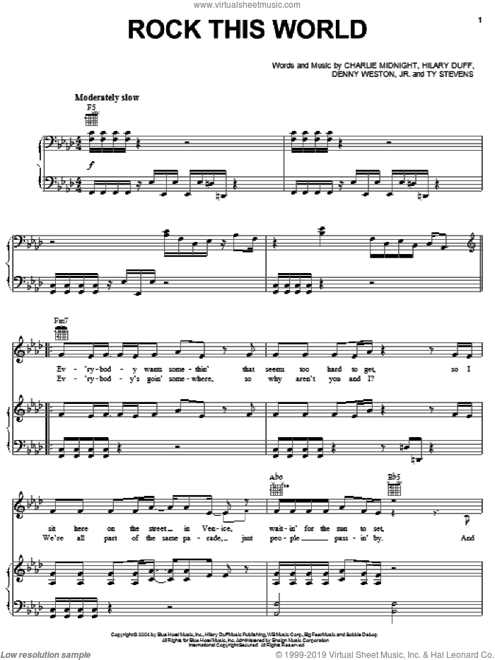 Rock This World sheet music for voice, piano or guitar by Hilary Duff, Charlie Midnight, Denny Weston, Jr. and Ty Stevens, intermediate skill level