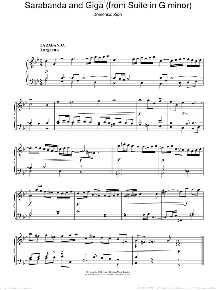 Sarabanda And Giga (from The Suite In G Minor) sheet music for piano solo by Domenico Zipoli, classical score, intermediate skill level