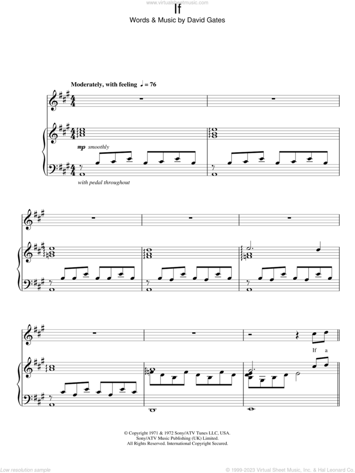 If sheet music for voice, piano or guitar by Bread and David Gates, wedding score, intermediate skill level
