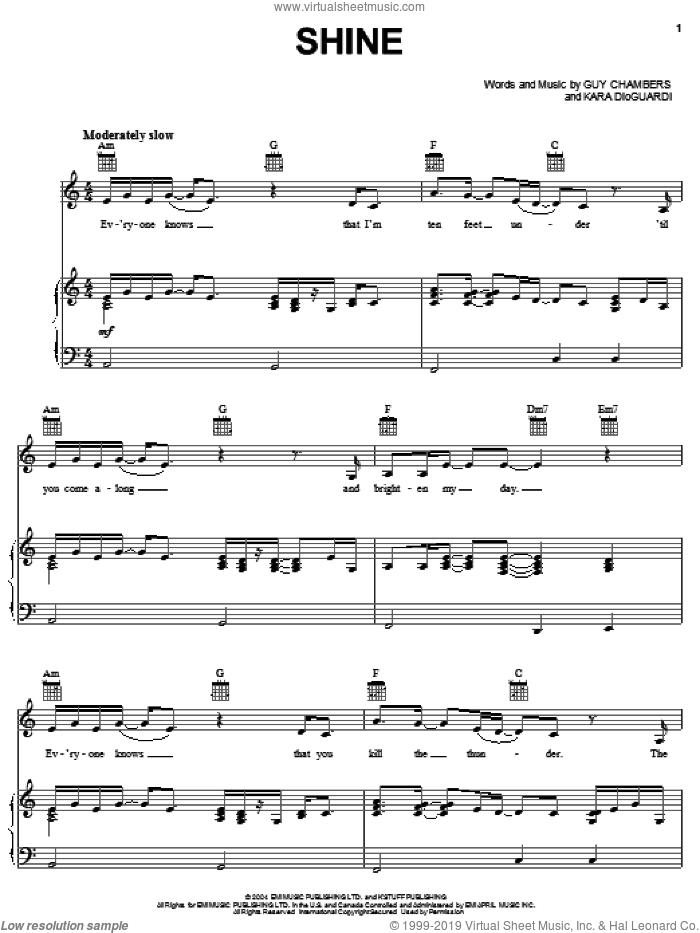 Shine sheet music for voice, piano or guitar by Hilary Duff, Guy Chambers and Kara DioGuardi, intermediate skill level