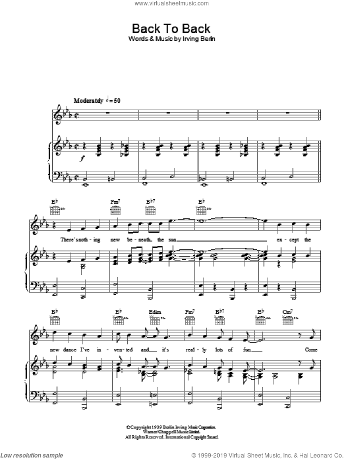 Back To Back sheet music for voice, piano or guitar by Glenn Miller and Irving Berlin, intermediate skill level