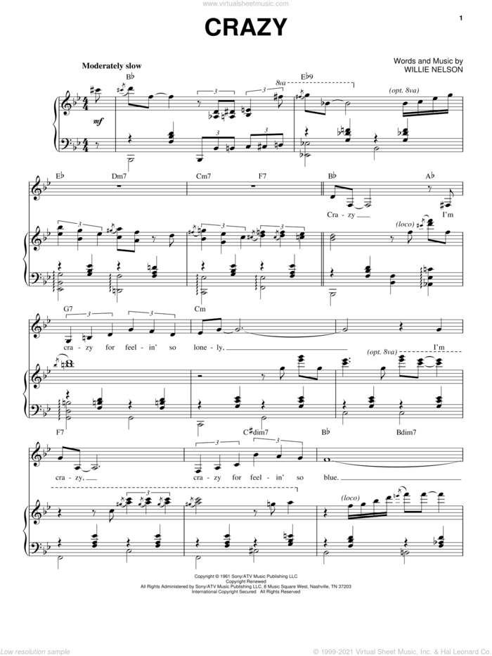 Crazy sheet music for voice and piano by Patsy Cline and Willie Nelson, intermediate skill level