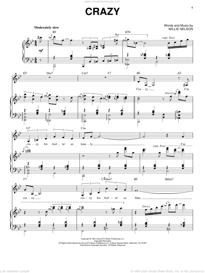 Crazy sheet music for voice and piano by Patsy Cline and Willie Nelson, intermediate skill level