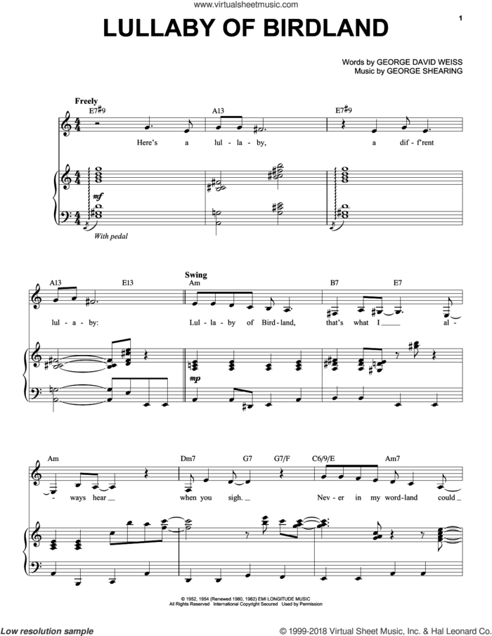 Lullaby Of Birdland sheet music for voice and piano by Chris Connor, George David Weiss and George Shearing, intermediate skill level