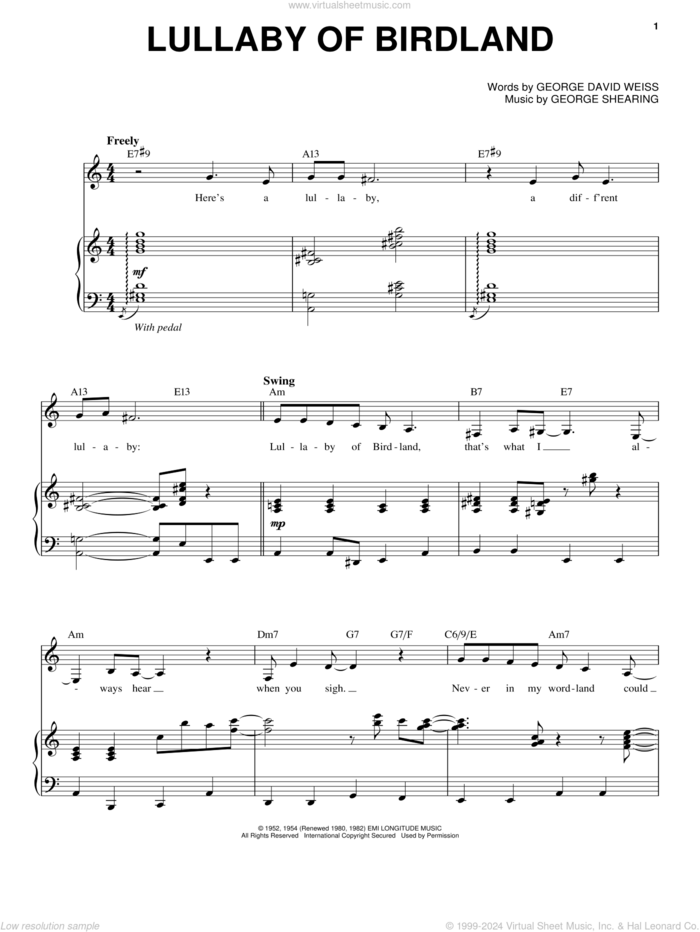 Lullaby Of Birdland sheet music for voice and piano by Chris Connor, George David Weiss and George Shearing, intermediate skill level