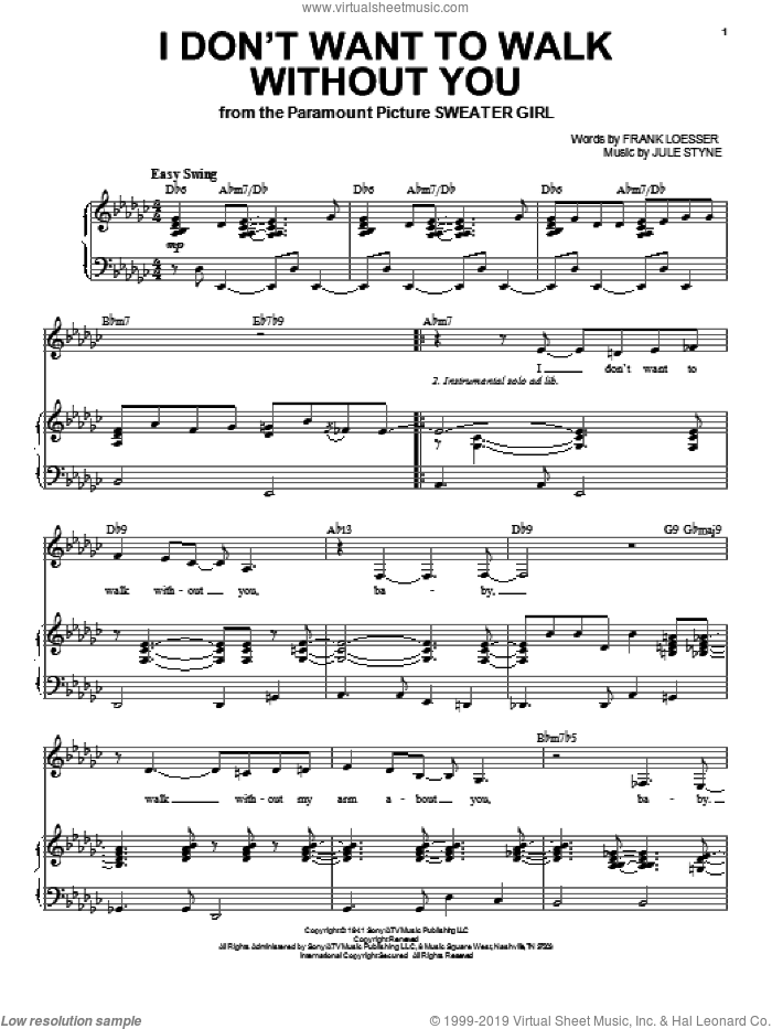 I Don't Want To Walk Without You sheet music for voice and piano by Rosemary Clooney, Frank Loesser and Jule Styne, intermediate skill level