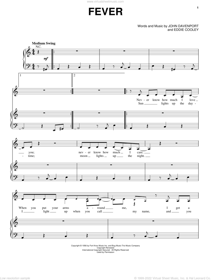 Fever sheet music for voice and piano by Peggy Lee, Eddie Cooley and John Davenport, intermediate skill level