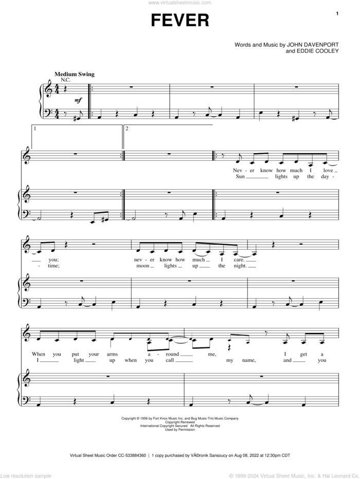 Fever sheet music for voice and piano by Peggy Lee, Eddie Cooley and John Davenport, intermediate skill level