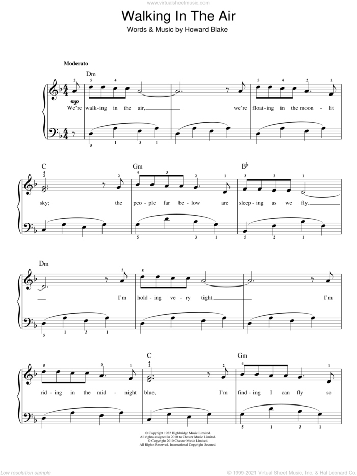 Walking In The Air (theme from The Snowman), (easy) sheet music for piano solo by Howard Blake, Aled Jones and The Snowman (Movie), easy skill level