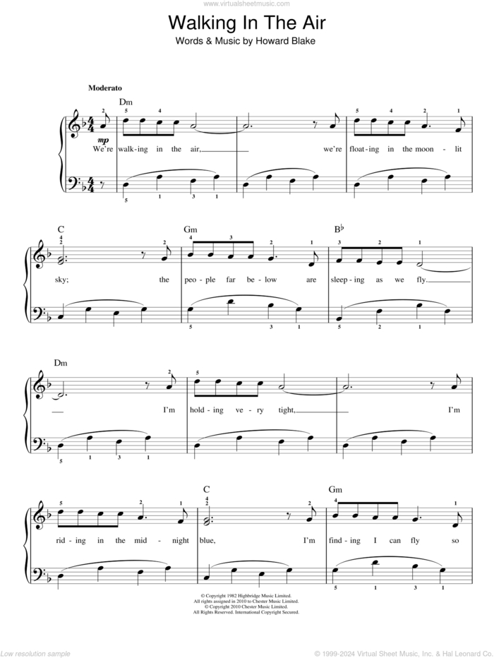 Walking In The Air (theme from The Snowman), (easy) sheet music for piano solo by Howard Blake, Aled Jones and The Snowman (Movie), easy skill level