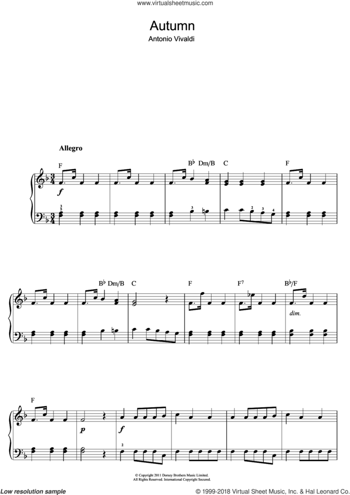 Autumn (from The Four Seasons) sheet music for piano solo (beginners) by Antonio Vivaldi, classical score, beginner piano (beginners)