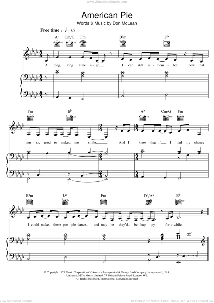 American Pie sheet music for voice, piano or guitar by Madonna and Don McLean, intermediate skill level