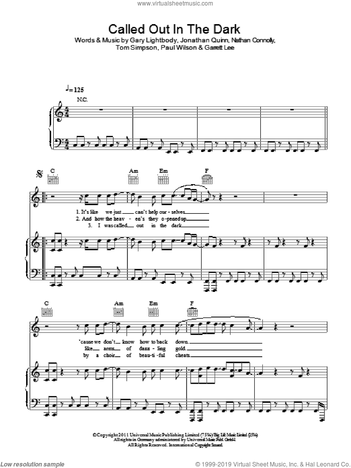 Called Out In The Dark sheet music for voice, piano or guitar by Snow Patrol, Garrett Lee, Gary Lightbody, Jonathan Quinn, Nathan Connolly, Paul Wilson and Tom Simpson, intermediate skill level