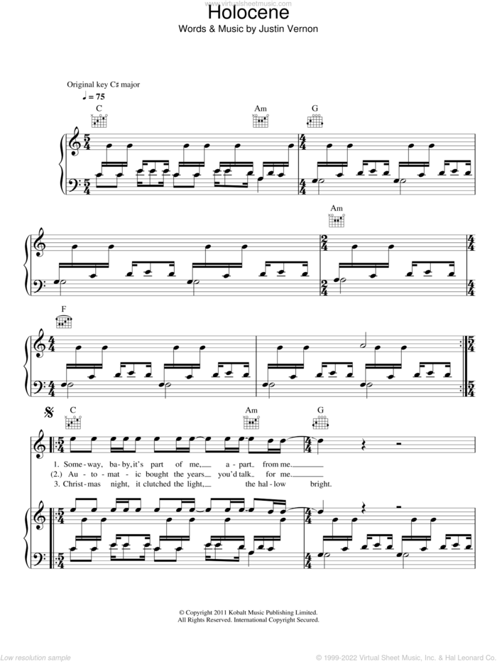 Holocene sheet music for voice, piano or guitar by Bon Iver and Justin Vernon, intermediate skill level